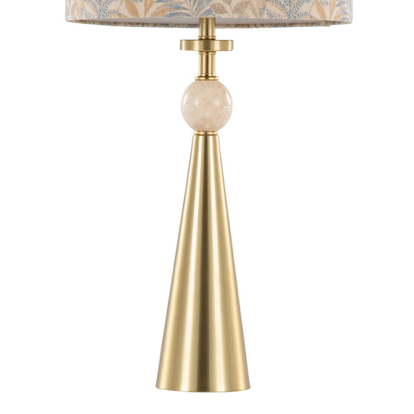 English Elm Table Lamp Set of Two Gold Metal Travertine Base with Leaf Fabric Shade Glam Decor B202P471581