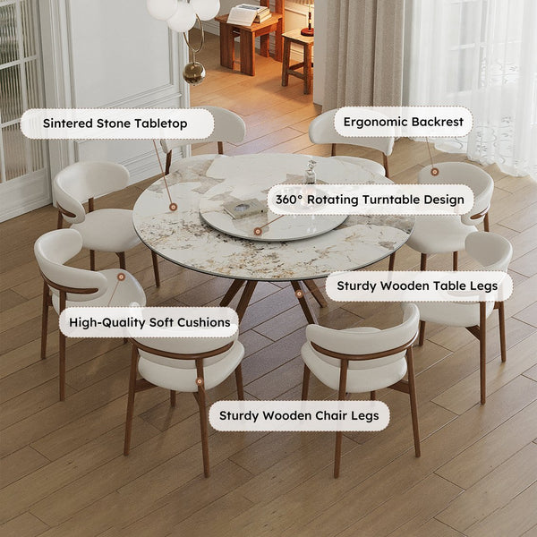 English Elm 59-Inch Modern Sintered Stone Dining Table Set With 8 Chairs & Rotating Turntable For 6-8 Guests W509S00135