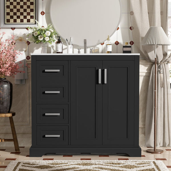 English Elm 36" Modern Bathroom Vanity with Ceramic Sink, Soft-Close Doors, 3 Drawers & Ample Storage for Small Baths Black N729P280194B