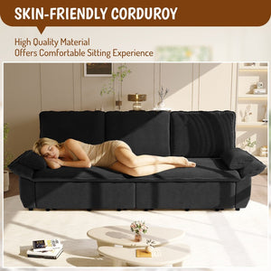English Elm 94.5" King Convertible Sleeper Sofa Corduroy Upholstered Chaise Lounge Guest Room Bed Black W1885S00404