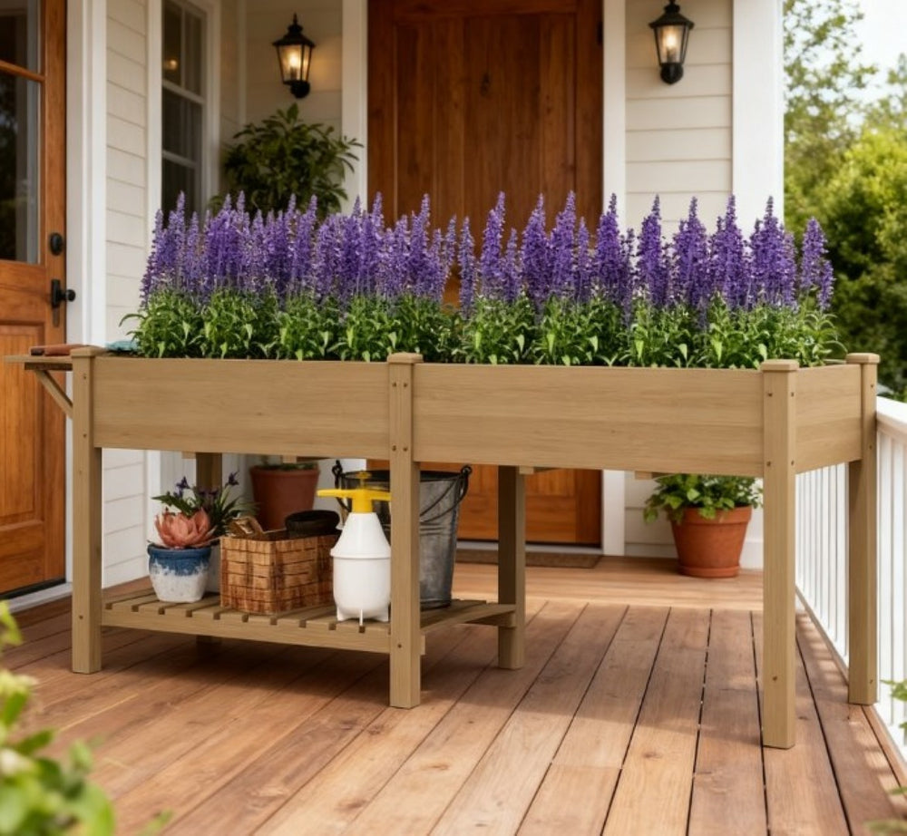 English Elm Elevated Fir Wood Raised Planter with Foldable Side Table and Bottom Storage Shelf T3971P423100