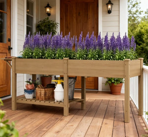 English Elm Elevated Fir Wood Raised Planter with Foldable Side Table and Bottom Storage Shelf T3971P423100