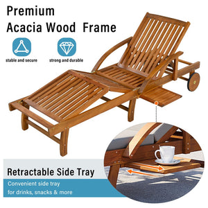 English Elm U_style Acacia Wood Outdoor Chaise Lounger with Reclining Backrest Cushions and Side Tray Gray N711P415859E