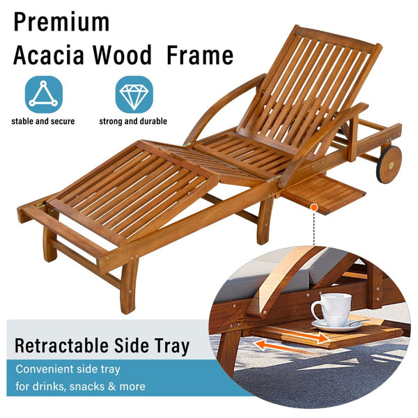 English Elm U_style Acacia Wood Outdoor Chaise Lounger with Reclining Backrest Cushions and Side Tray Gray N711P415859E