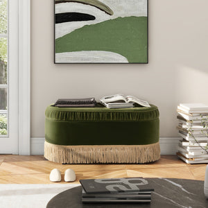 English Elm Jennifer Taylor Home - Serena 38" Oval Storage Bench Ottoman with Velvet Ruched Trim and Fringe Tassels, Spacious Seat Olive Green B2719P238474