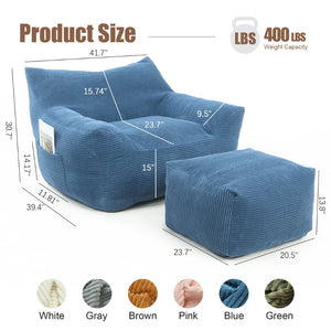 English Elm Bean Bag Chair with Armrests Shredded Foam Fill Oversized Lounge Seat for Adults Blue W5385P433246