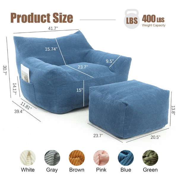 English Elm Bean Bag Chair with Armrests Shredded Foam Fill Oversized Lounge Seat for Adults Blue W5385P433246