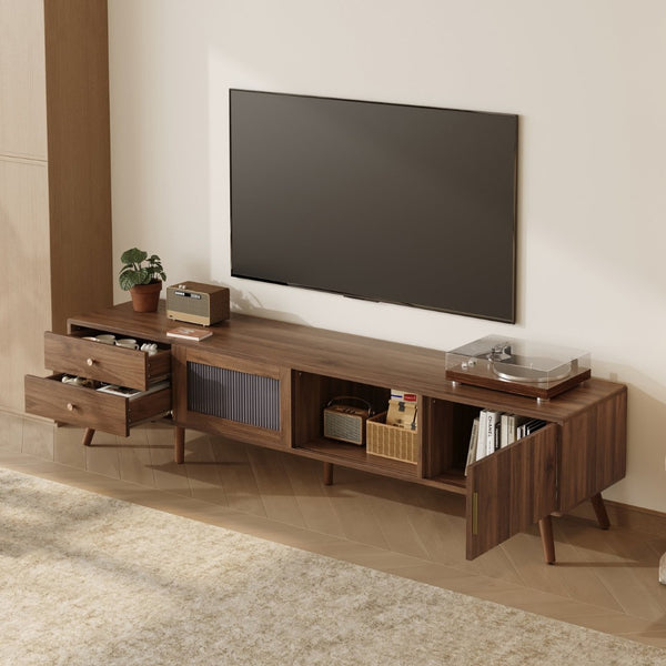 English Elm 76" Wood Grain Media Console with Glass Doors Deep Drawers and Living Room Storage N710P397467P