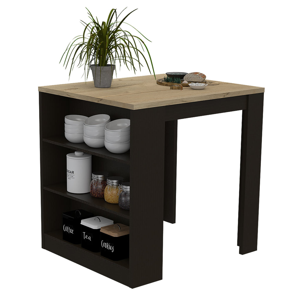 English Elm Kitchen Island Table With Two Legs And Three Stylish Side Shelves For Modern Storage Solutions B097S00132