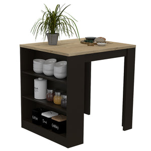 English Elm Kitchen Island Table With Two Legs And Three Stylish Side Shelves For Modern Storage Solutions B097S00132
