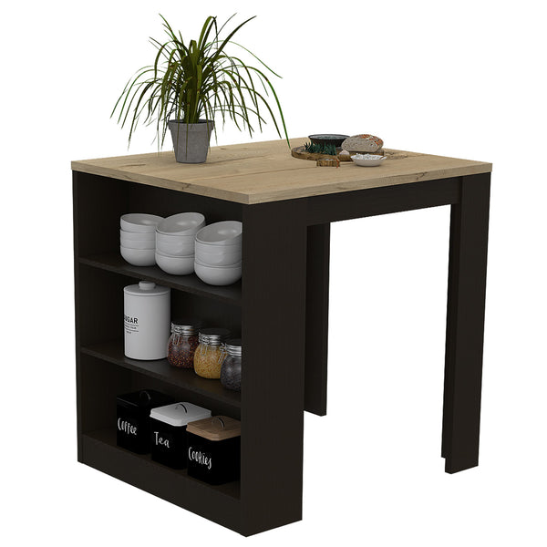 English Elm Kitchen Island Table With Two Legs And Three Stylish Side Shelves For Modern Storage Solutions B097S00132