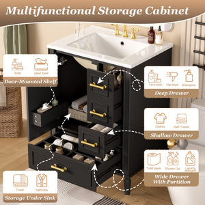 English Elm 24" Olive Bathroom Vanity Solid Wood Frame Ceramic Sink Gold Hardware Soft Close Black N729P373272B