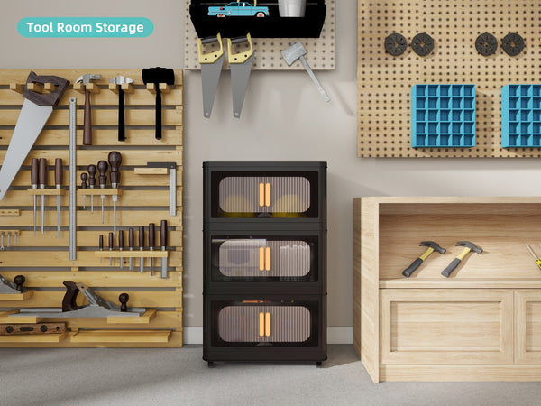 English Elm Black,20" Versatile Folding Storage Cabinet With 4 Tiers, Magnetic Door, Wheels & Space-Saving Design W2873P239384