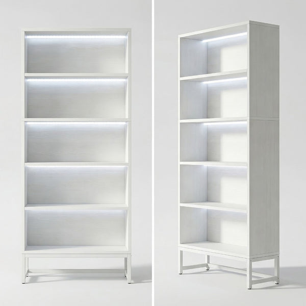 English Elm Tall Five Tier Bookcase with Led Shelf Lighting White Mdf Frame Living Room Display W3204P454083