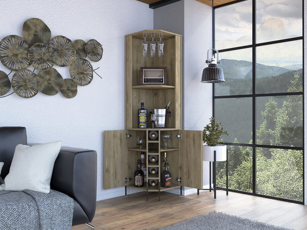 English Elm Hans Corner Bar Cabinet Macadamia Oak Finish with 5 Bottle Wine Rack, 9pc Stemware, 2 Shelves, Storage B070S00181