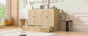 English Elm Full Size Murphy Bed Rattan Cabinet with Storage Drawers and Gold Hardware Gold N708S00009G