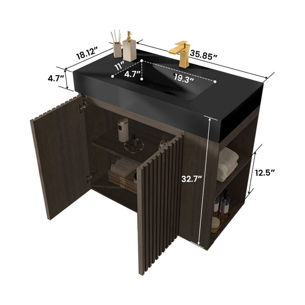 English Elm Galan Freestanding Bathroom Vanity Quartz Basin Fluted Wood Cabinet Modern Bath Oak,Smoke W1865S00221