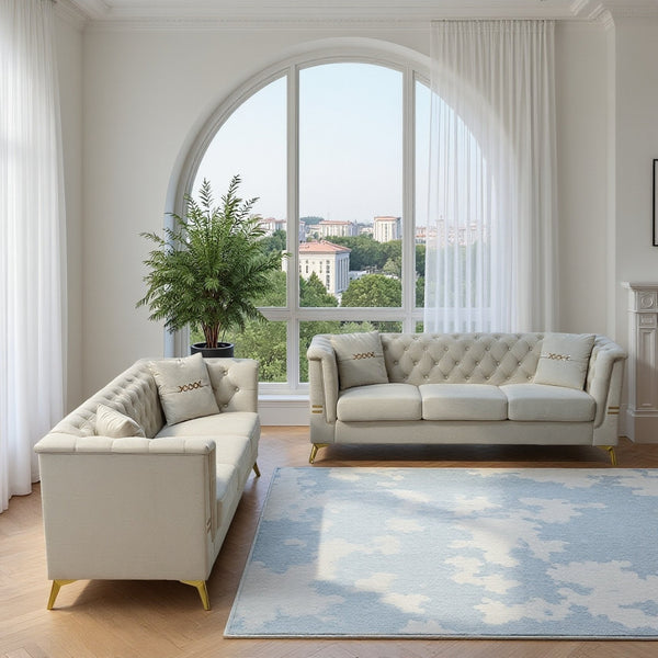 English Elm FX-P83-2PC Velvet Sofa Set of 2, Cream White 3-Seaters with Tufted Cushions & Gold Legs — Cozy Durable Elegance for Living Rooms W576S00237