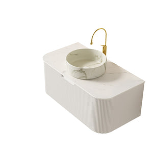 English Elm Dina Floating Bathroom Vanity Sintered Stone Top Glass Basin Striped Plywood Cabinet W2615S00433