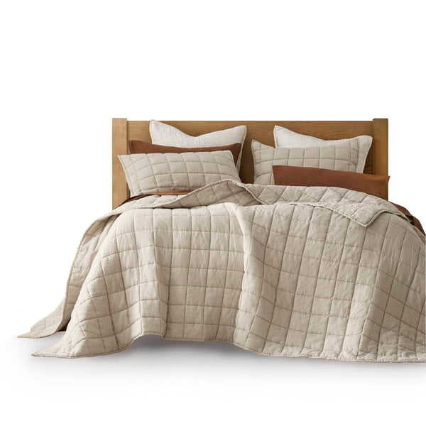 English Elm 3-piece French Linen Quilt Set King Garment Washed Box Stitch Breathable Bedding Linen B035P408298