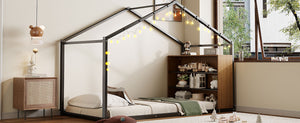 English Elm Twin House Bed Frame with Shelves & Built-In Lights, Metal-Wood Design for Creative Kids' Rooms Black N737P176708B