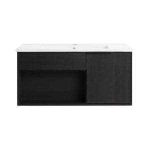 English Elm 30" Floating Bathroom Vanity Dark Oak Cabinet Ceramic Sink Open Shelf Soft Close W3450P435831