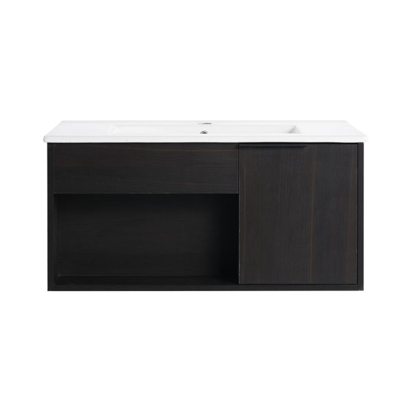 English Elm 30" Floating Bathroom Vanity Dark Oak Cabinet Ceramic Sink Open Shelf Soft Close W3450P435831