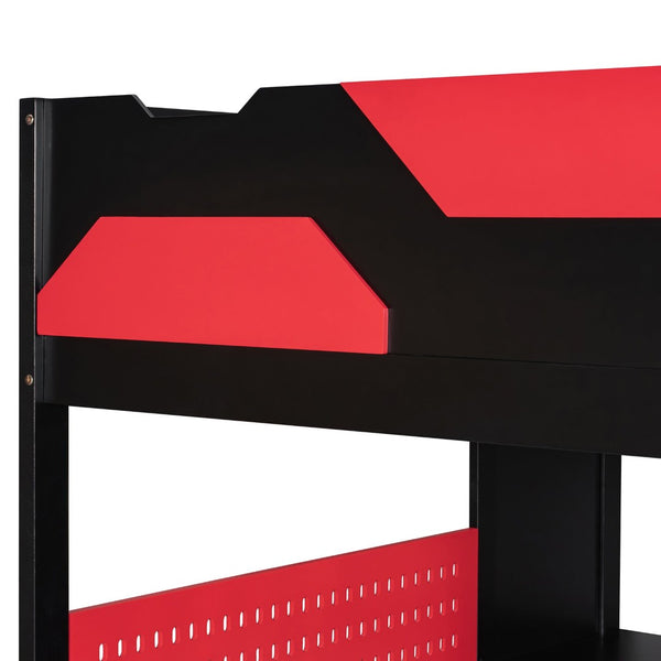 English Elm Full Size Loft Bed with Rgb Lighting Usb Charging Desk Wardrobe and Storage Shelves Red LT000387AAJ