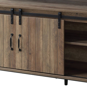 English Elm Rashawn Rustic Oak TV Stand with Black Frame, Sliding Barn Doors, 6 Compartments & Open Shelf B2726P256332