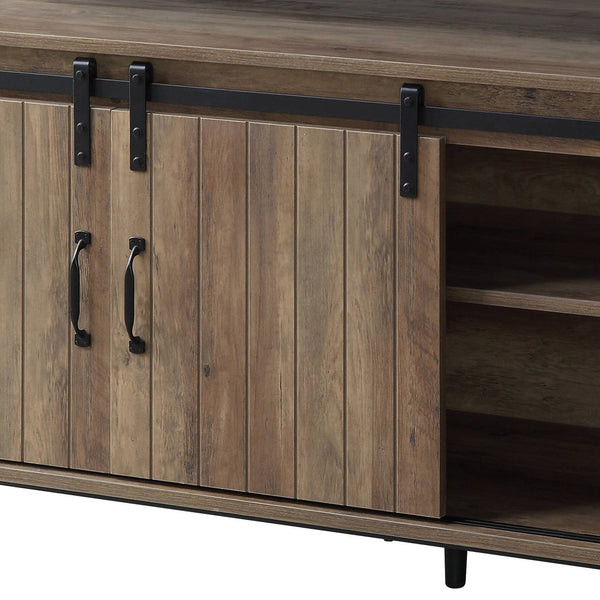 English Elm Rashawn Rustic Oak TV Stand with Black Frame, Sliding Barn Doors, 6 Compartments & Open Shelf B2726P256332
