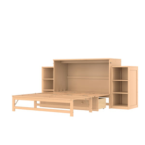 English Elm Full Golden Murphy Bed with Storage Drawers & Shelves, Space-Saving Wall Cabinet for Guests W1580S00254