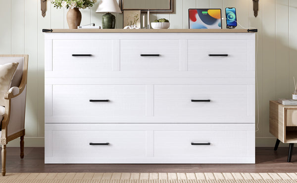 English Elm Murphy Full-Size Cabinet Bed with Built-In Charging Station, Storage Drawer & 700lb Capacity Comfort White 57.25 L x 27 W x 6 H N733S293997W