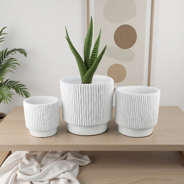 English Elm Zeri White Terracotta Ribbed Planter Set Three Graduated Vessels for Stylish Interiors B056P417003