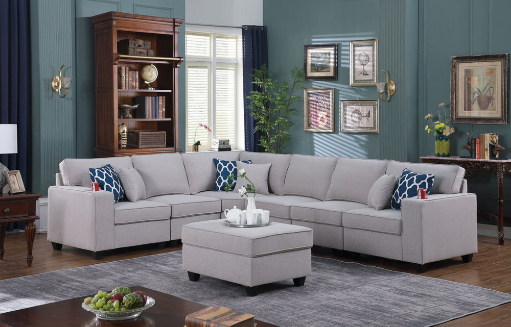 English Elm Cristiano Reversible Linen Sectional Sofa with Ottoman Cupholders and Six Throw Pillows B2749S00099