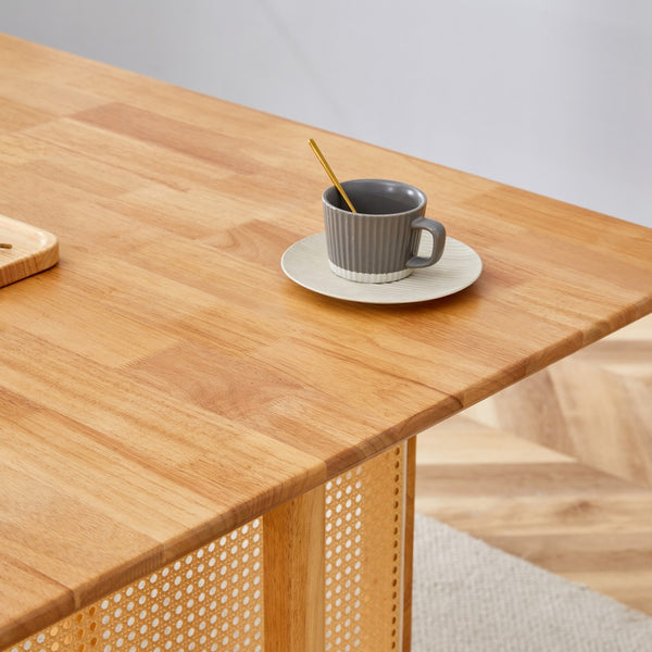 English Elm Table and Chair Set Rubberwood Dining with Rattan Legs Six Cushioned Fabric Seats W1151S03054