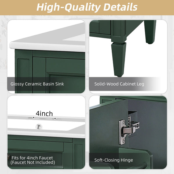 English Elm 24" Bathroom Vanity with Ceramic Basin, French-Inspired Accent Carvings, Soft-Close Doors & Storage Green N710P293309F