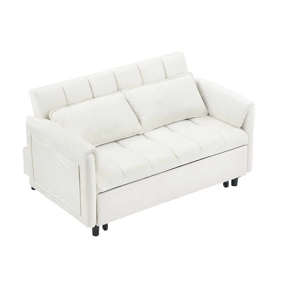 English Elm 52 Beige Modern Velvet Sofa Pullout Bed, 3-in-1 Convertible 52" Loveseat for Small Spaces, Pillows & Storage Pockets W1658P266333