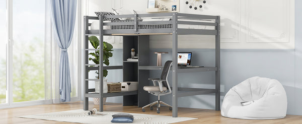 English Elm Full Size Loft Bed With Under-Bed Desk And Stylish Shelves For Space-Saving Bedroom Solutions N7090005004E