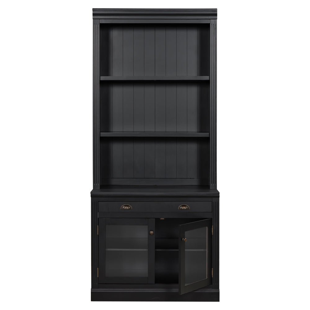 English Elm 83.4"Tall Modern Bookcase With Glass Doors & Drawer - Stylish Storage For Living Room & Office Decor N751S323419B