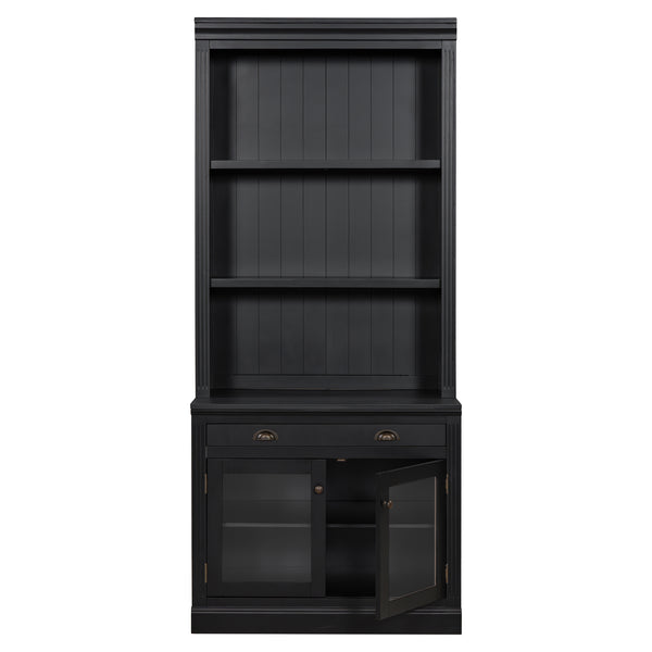 English Elm 83.4"Tall Modern Bookshelf With Led Lighting, Glass Doors & Drawer For Stylish Storage And Display N751S280595B