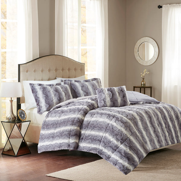 JLA Home Madison Park - 4PC Faux Fur Comforter Set - Ultra-Soft Reversible Faux Mink Luxury, Hypoallergenic, OEKO‑TEX Certified Elegance Grey MP10-3076