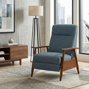 English Elm Tustin Mid-century Push Back Recliner with Chestnut Wood Arms and Performance Fabric Blue B050P429144