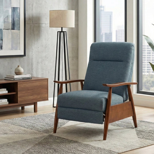 English Elm Tustin Mid-century Push Back Recliner with Chestnut Wood Arms and Performance Fabric Blue B050P429144