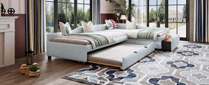 English Elm Upholstered Twin Daybed with Pull Out Trundle Linen Blend Sofa Style Studio Bed GX001316AAA