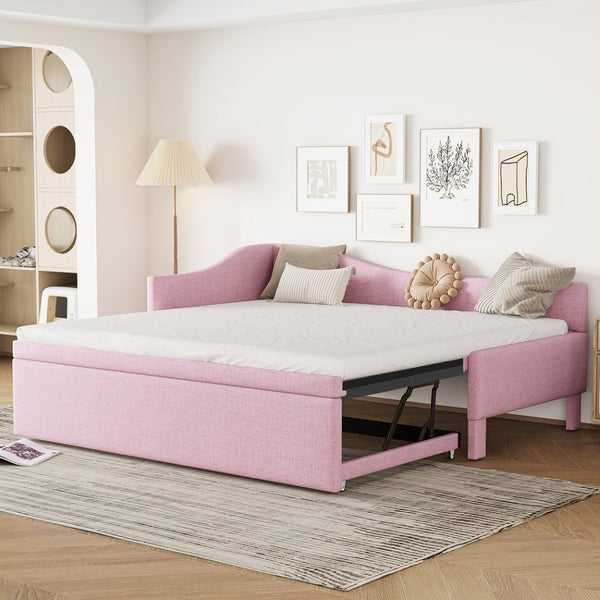 English Elm Twin L-shaped Linen Upholstered Daybed with Hydraulic Pop-up Trundle for Guest Rooms Pink SF000193AAH-1