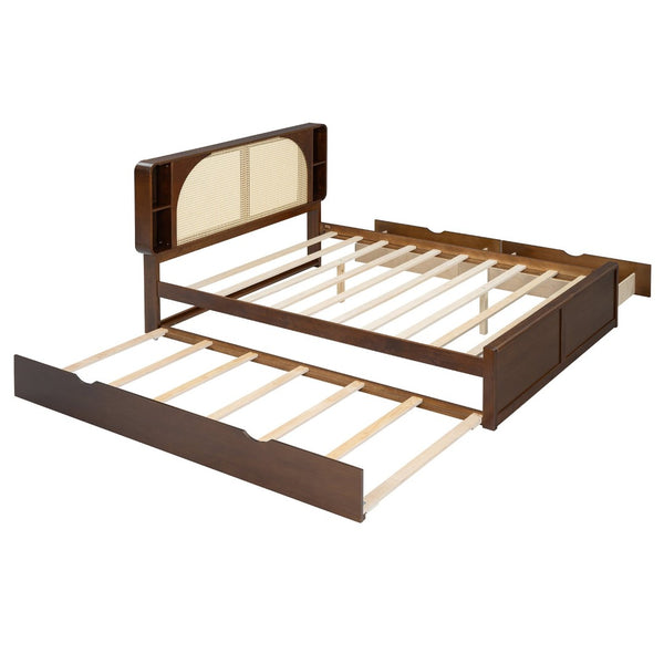 English Elm Queen Size Rattan Headboard Bed With Trundle, Drawers & Elegant Walnut Finish For Versatile Style N820S00013D-GIGA