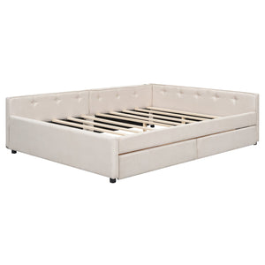 English Elm Queen Upholstered Platform Bed with Linen, 2 Storage Drawers & USB Ports, Beige, Sturdy 600lb Capacity DL000586AAA