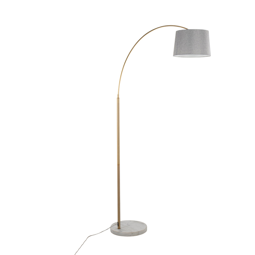 English Elm March Contemporary Floor Lamp - Elegant White Marble Base, Antique Brass Arc & Grey Linen Shade B202S01371