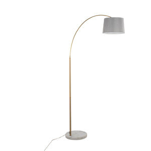 English Elm March Contemporary Floor Lamp - Elegant White Marble Base, Antique Brass Arc & Grey Linen Shade B202S01371