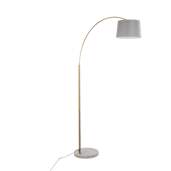 English Elm March Contemporary Floor Lamp - Elegant White Marble Base, Antique Brass Arc & Grey Linen Shade B202S01371